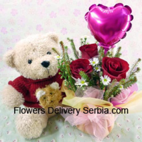 3 Red Roses with Balloon and Charming Teddy