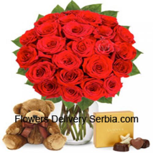 25 Roses with Yummy Chocolates and Teddy