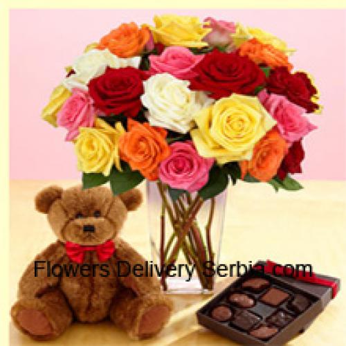 25 Mixed Roses with Cute Teddy and Chocolates