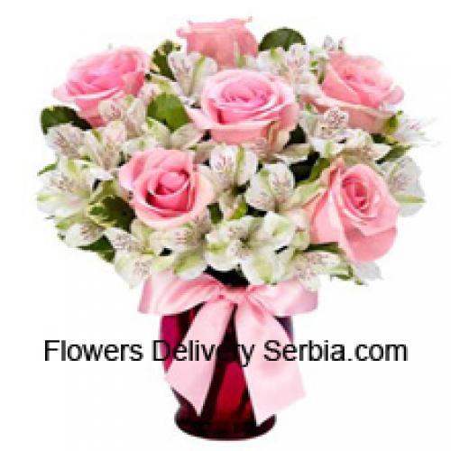 Beautiful Pink Roses and White Alstroemeria