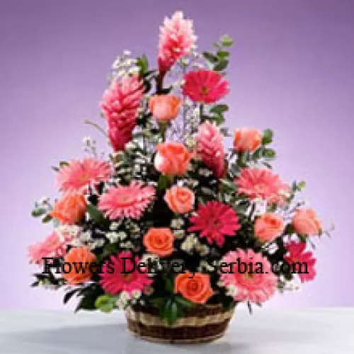 各种花的花篮，包括非洲菊、玫瑰和季节性填充物